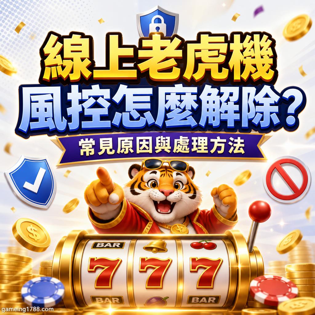 Cheerful tiger in sunglasses points forward beside a glowing slot machine showing 777, with gold coins and safety/shield graphics; bold Chinese text promotes online slot topics.