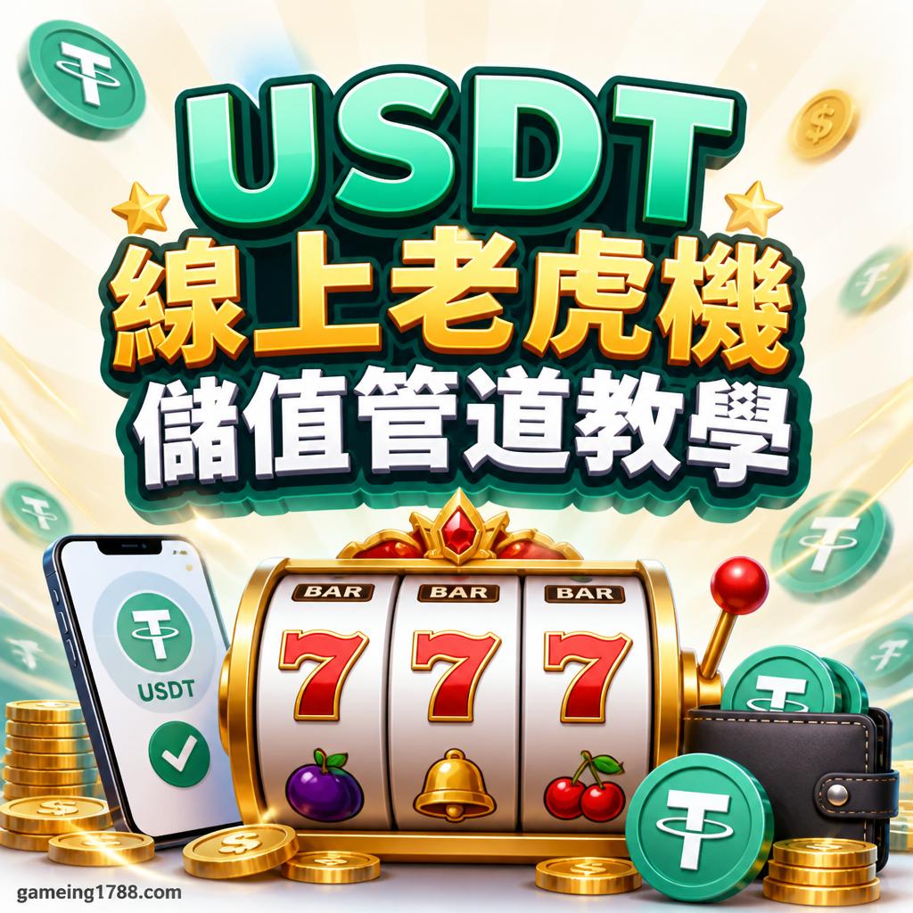 Banner for USDT online slot tutorial with a golden slot machine, coins, and a phone showing USDT balance.