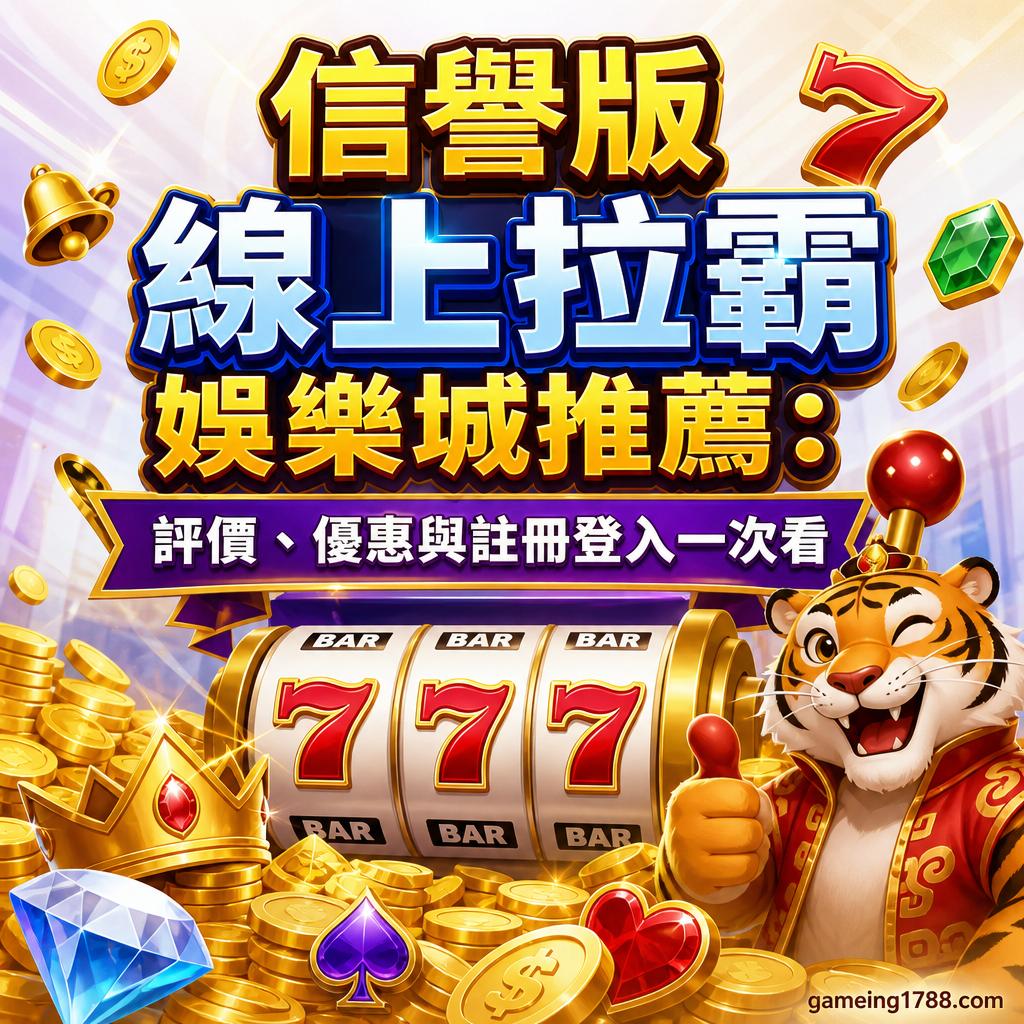 Vibrant gambling promo banner with a tiger mascot, a slot machine showing 7s, gold coins and gems, and large Chinese text about online casino榜薦.